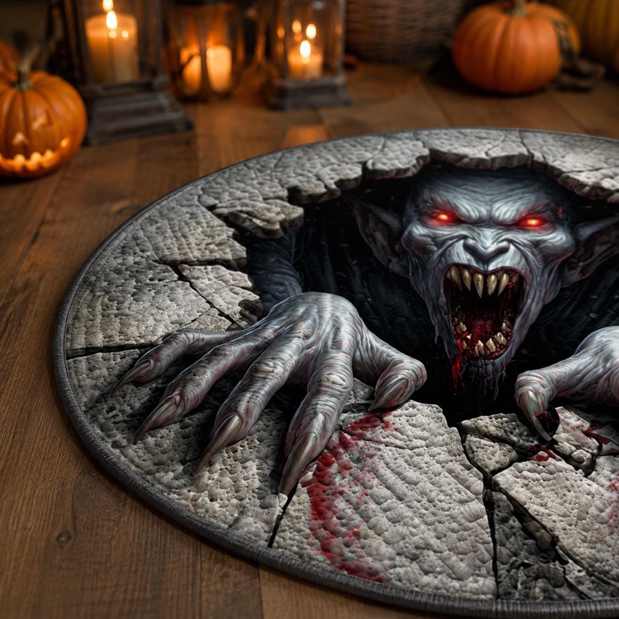 Vampire 3D Illusion Rug, Halloween Monster Round Rug, Creepy Demon Floor Mat, Horror Gothic Area Carpet, Haunted House Decor