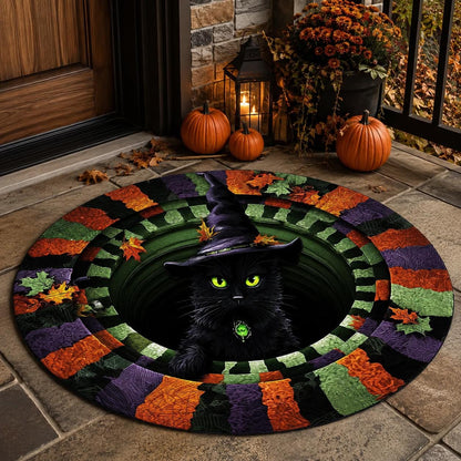 Black Cat Witch 3D Illusion Rug, Halloween Round Area Rug, Witch Hat Cat Floor Mat, Spooky Gothic Home Decor, Pumpkin Season Rug