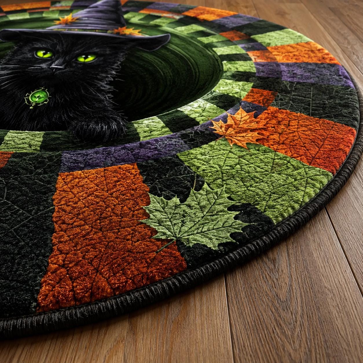 Black Cat Witch 3D Illusion Rug, Halloween Round Area Rug, Witch Hat Cat Floor Mat, Spooky Gothic Home Decor, Pumpkin Season Rug