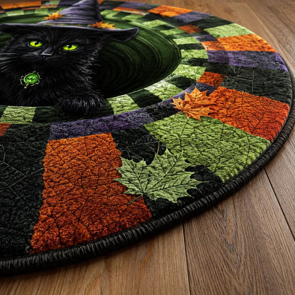 Black Cat Witch 3D Illusion Rug, Halloween Round Area Rug, Witch Hat Cat Floor Mat, Spooky Gothic Home Decor, Pumpkin Season Rug
