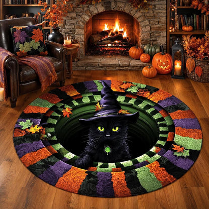 Black Cat Witch 3D Illusion Rug, Halloween Round Area Rug, Witch Hat Cat Floor Mat, Spooky Gothic Home Decor, Pumpkin Season Rug