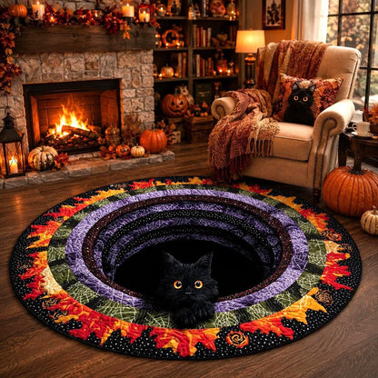 Black Cat 3D Illusion Rug, Halloween Round Area Carpet, Spooky Cat Portal Floor Mat, Witchy Gothic Home Decor