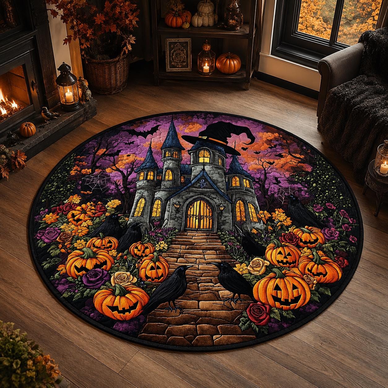 Halloween Haunted House Round Rug, Pumpkin Raven Gothic Area Mat, Witchy Castle Floor Carpet, Spooky Fall Decor, Quilt Style Rug