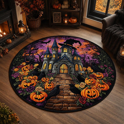 Halloween Haunted House Round Rug, Pumpkin Raven Gothic Area Mat, Witchy Castle Floor Carpet, Spooky Fall Decor, Quilt Style Rug