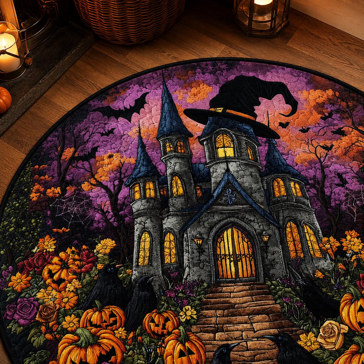 Halloween Haunted House Round Rug, Pumpkin Raven Gothic Area Mat, Witchy Castle Floor Carpet, Spooky Fall Decor, Quilt Style Rug