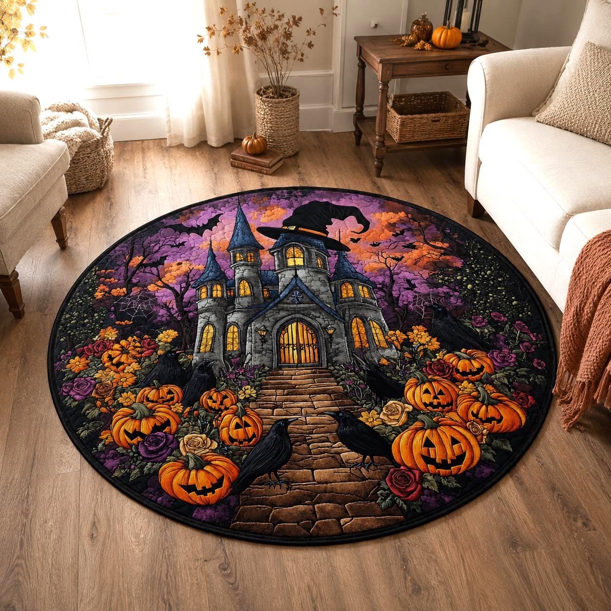 Halloween Haunted House Round Rug, Pumpkin Raven Gothic Area Mat, Witchy Castle Floor Carpet, Spooky Fall Decor, Quilt Style Rug