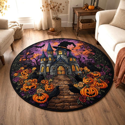 Halloween Haunted House Round Rug, Pumpkin Raven Gothic Area Mat, Witchy Castle Floor Carpet, Spooky Fall Decor, Quilt Style Rug