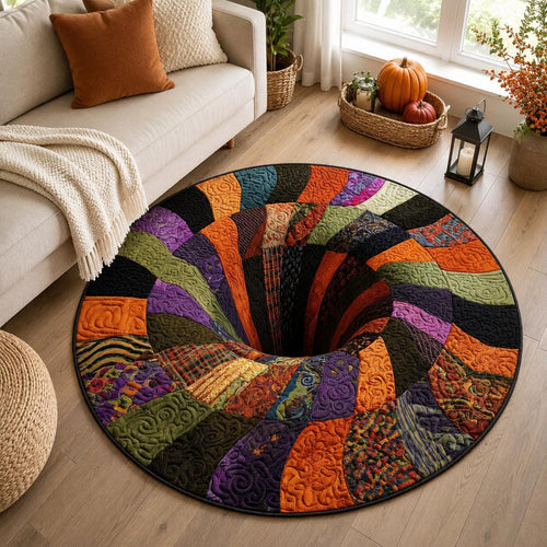 Patchwork 3D Illusion Rug, Halloween Round Area Rug, Spiral Pit Floor Mat, Colorful Quilt Style Rug, Spooky Fall Home Decor
