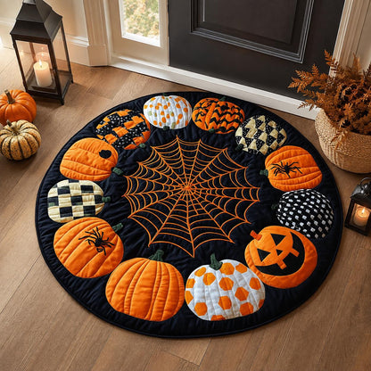 Halloween Pumpkin Round Rug, Spider Web Area Rug, Quilt Style Fall Floor Mat, Jack O Lantern Spooky Home Decor, Black Orange Carpet