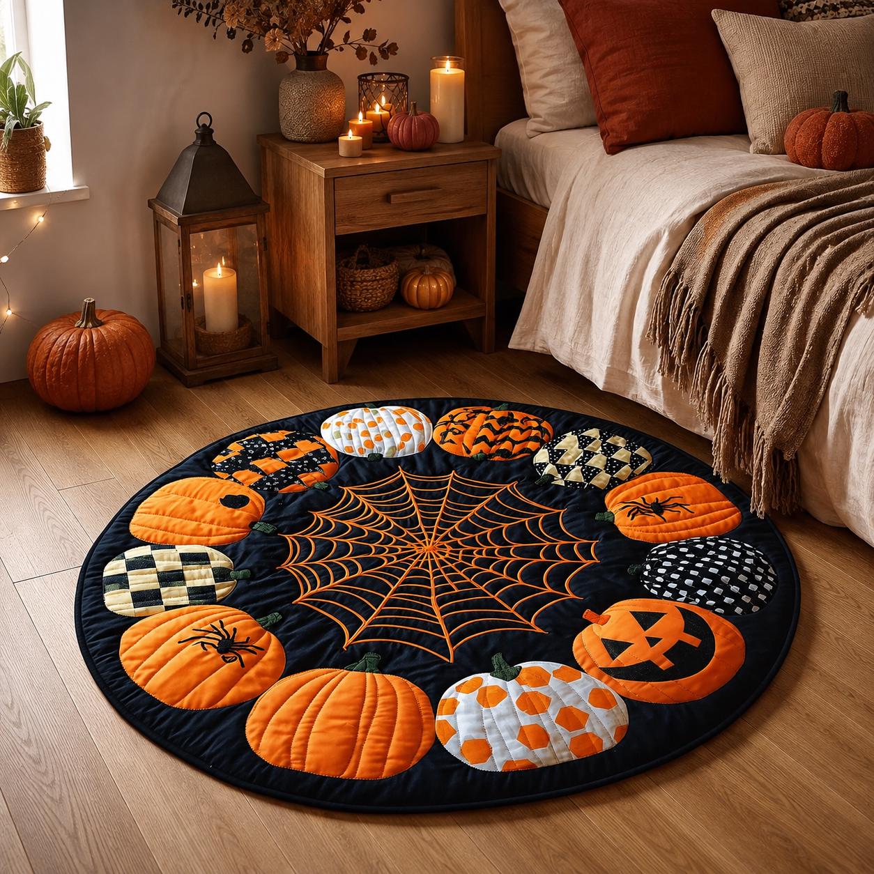 Halloween Pumpkin Round Rug, Spider Web Area Rug, Quilt Style Fall Floor Mat, Jack O Lantern Spooky Home Decor, Black Orange Carpet