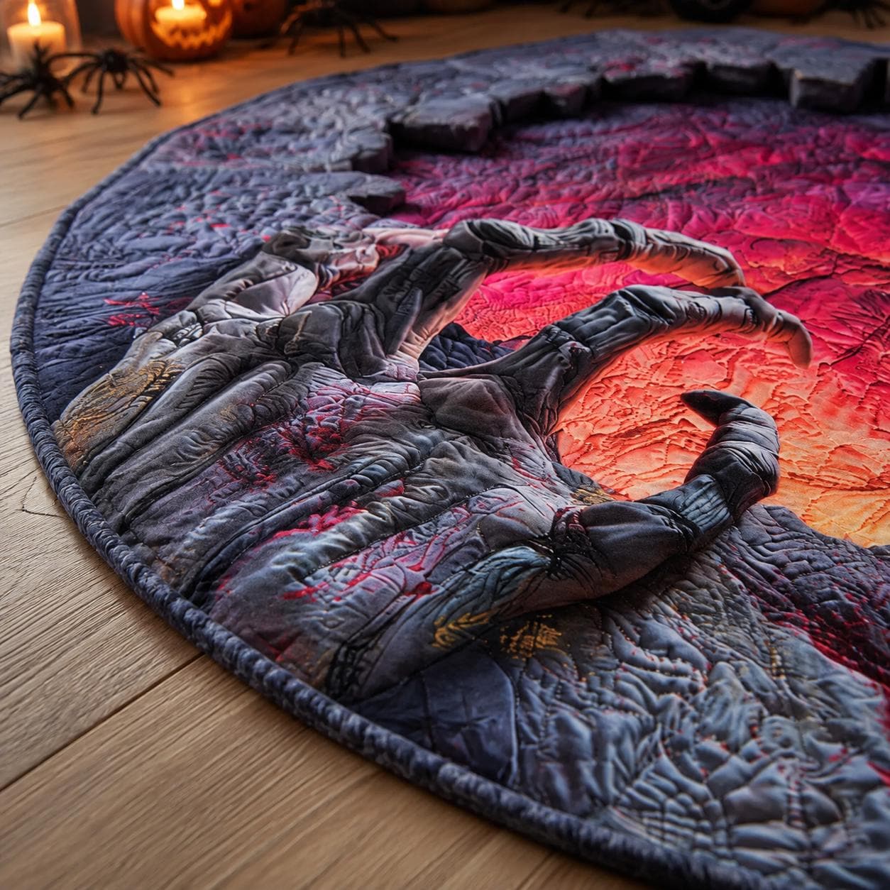 Creepy Skeleton Hand 3D Illusion Rug, Halloween Round Area Rug, Glowing Horror Pit Floor Mat, Gothic Haunted House Decor, Spooky Carpet