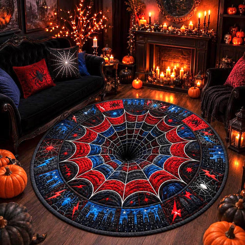 3D Spider Web Rug, Round Red Blue Black Area Rug, Optical Illusion Floor Mat, Superhero Inspired Comic Room Decor