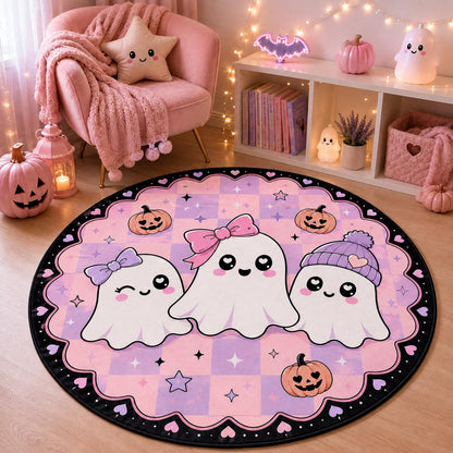 Cute Ghost Halloween Rug, Pink Round Area Rug, Kawaii Pumpkin Floor Mat, Pastel Spooky Bedroom Decor