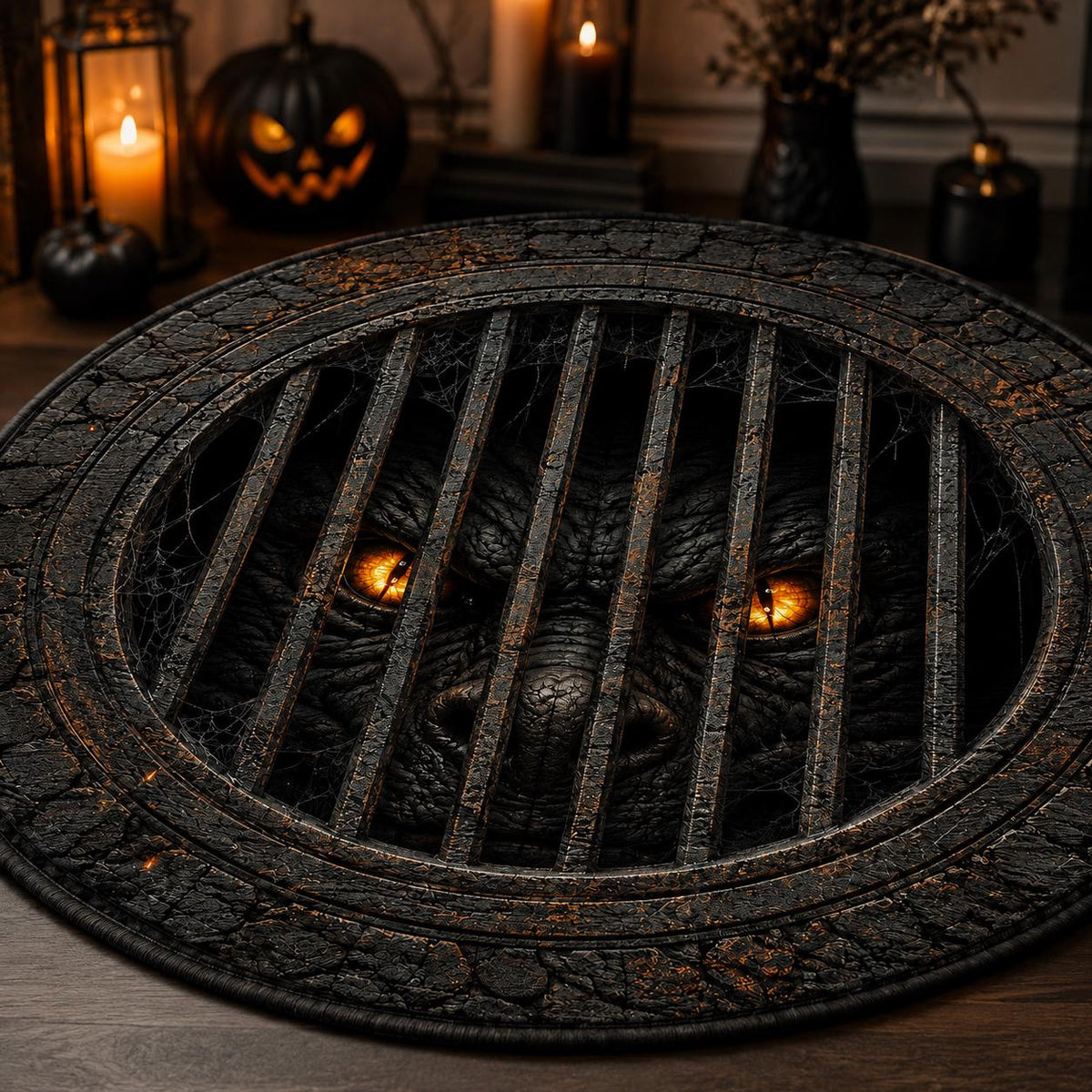 3D Monster Rug, Sewer Grate Floor Mat, Round Horror Area Rug, Gothic Halloween Decor