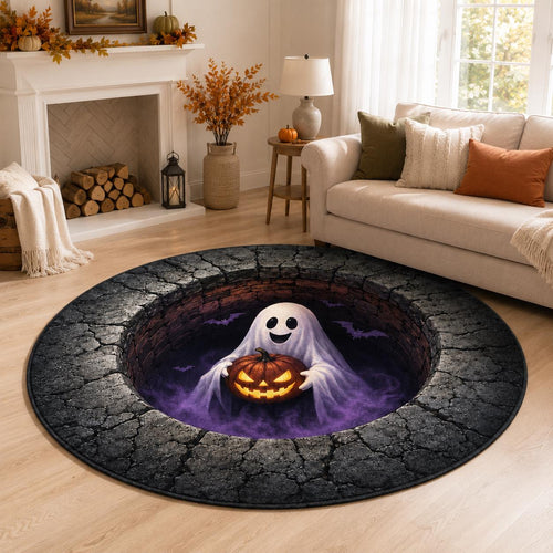 3D Ghost Halloween Rug, Round Jack O Lantern Area Rug, Spooky Optical Illusion Floor Mat, Haunted House Decor