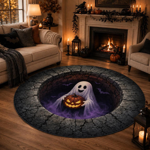 3D Ghost Halloween Rug, Round Jack O Lantern Area Rug, Spooky Optical Illusion Floor Mat, Haunted House Decor