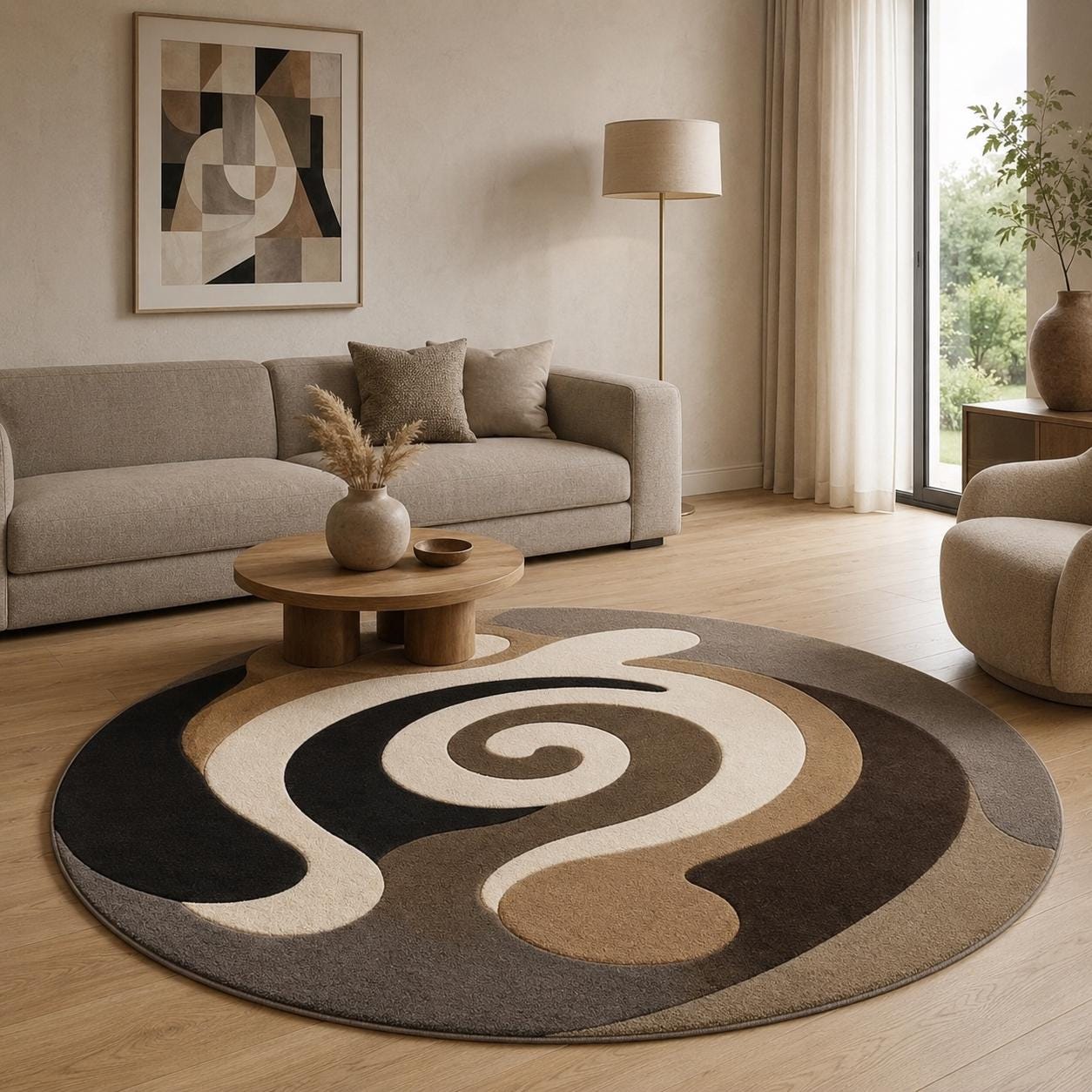 Abstract Swirl Round Rug, Modern Brown Beige Area Rug, Mid Century Living Room Decor, Neutral Minimalist Floor Mat