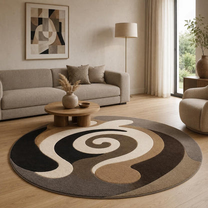 Abstract Swirl Round Rug, Modern Brown Beige Area Rug, Mid Century Living Room Decor, Neutral Minimalist Floor Mat