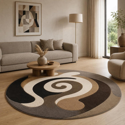 Abstract Swirl Round Rug, Modern Brown Beige Area Rug, Mid Century Living Room Decor, Neutral Minimalist Floor Mat
