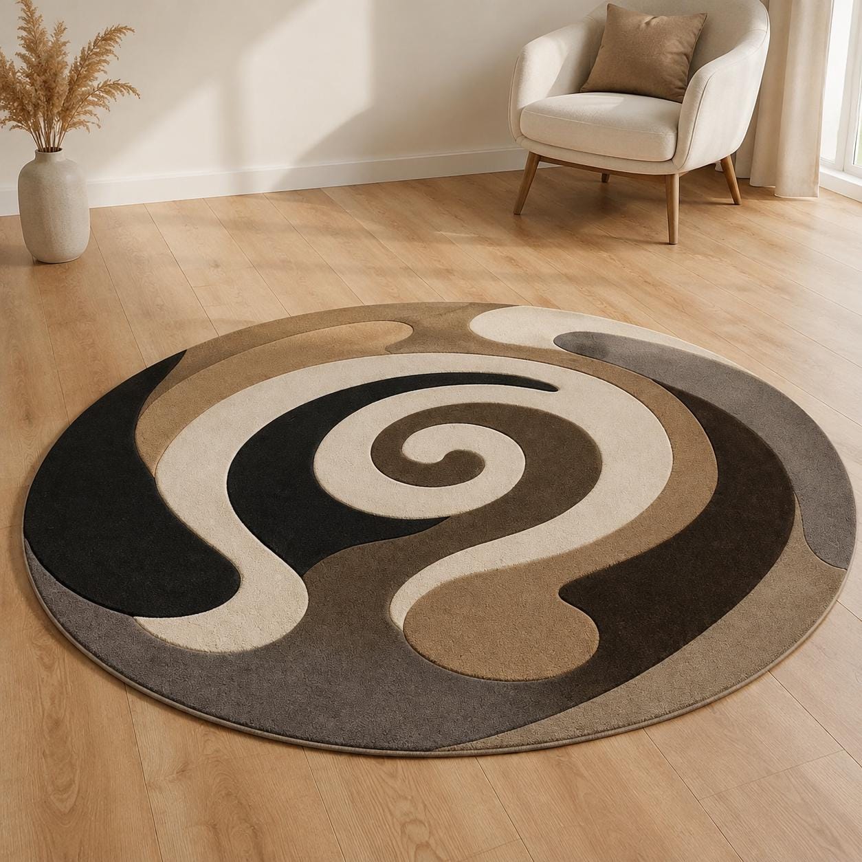 Abstract Swirl Round Rug, Modern Brown Beige Area Rug, Mid Century Living Room Decor, Neutral Minimalist Floor Mat