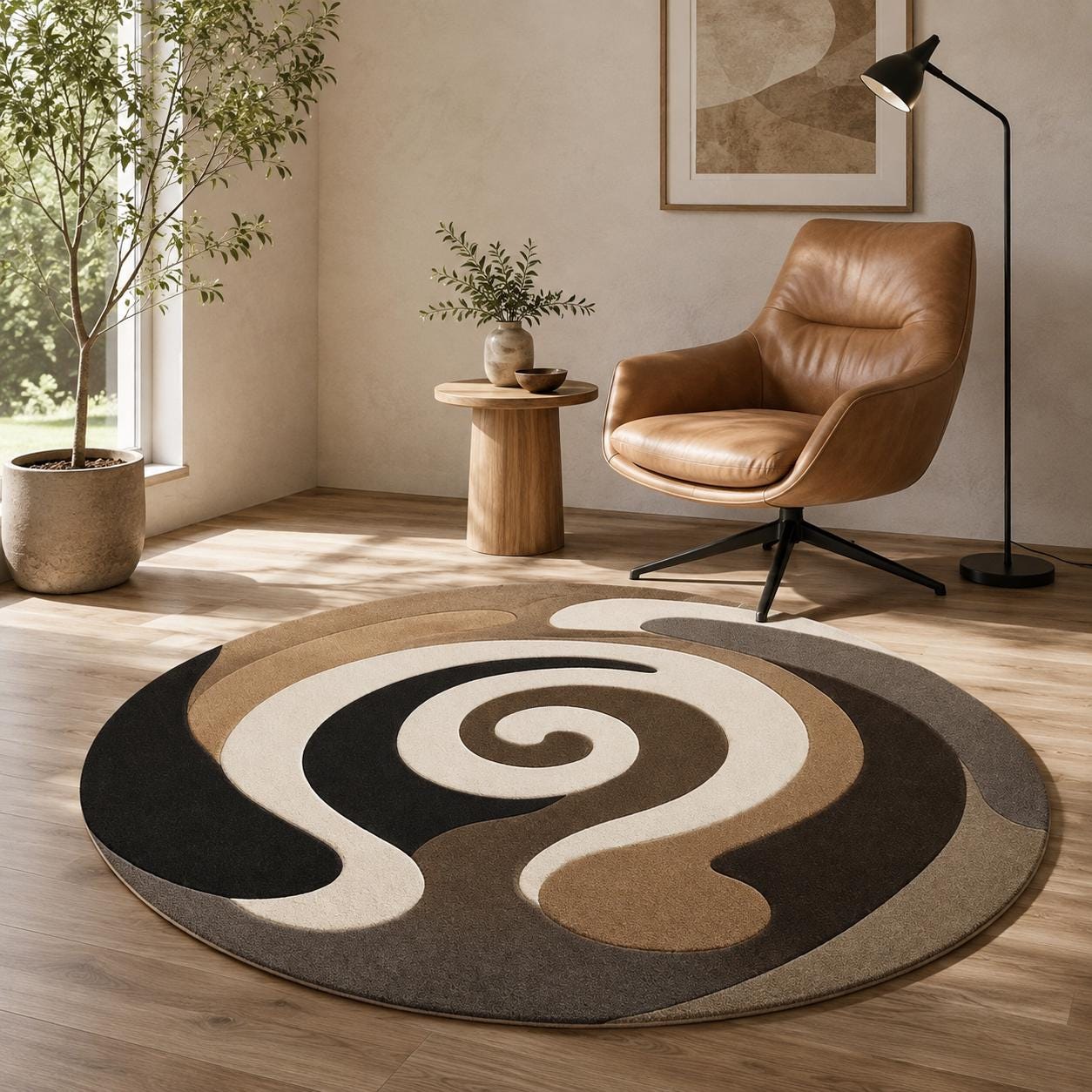 Abstract Swirl Round Rug, Modern Brown Beige Area Rug, Mid Century Living Room Decor, Neutral Minimalist Floor Mat