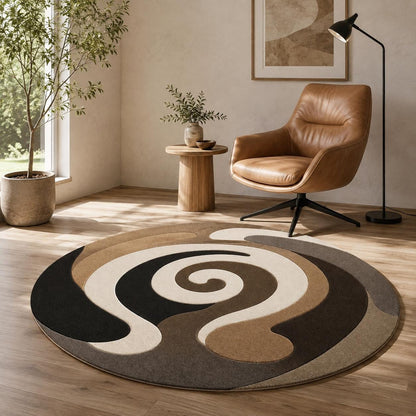 Abstract Swirl Round Rug, Modern Brown Beige Area Rug, Mid Century Living Room Decor, Neutral Minimalist Floor Mat