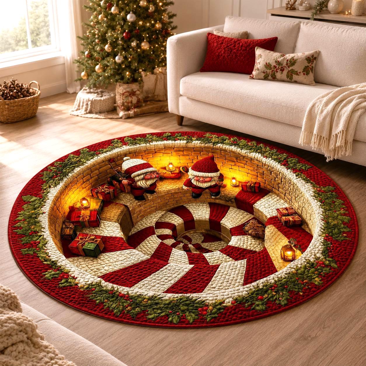Christmas 3D Illusion Rug, Santa Gnome Round Area Rug, Candy Cane Spiral Floor Mat, Holiday Living Room Decor, Xmas Gift