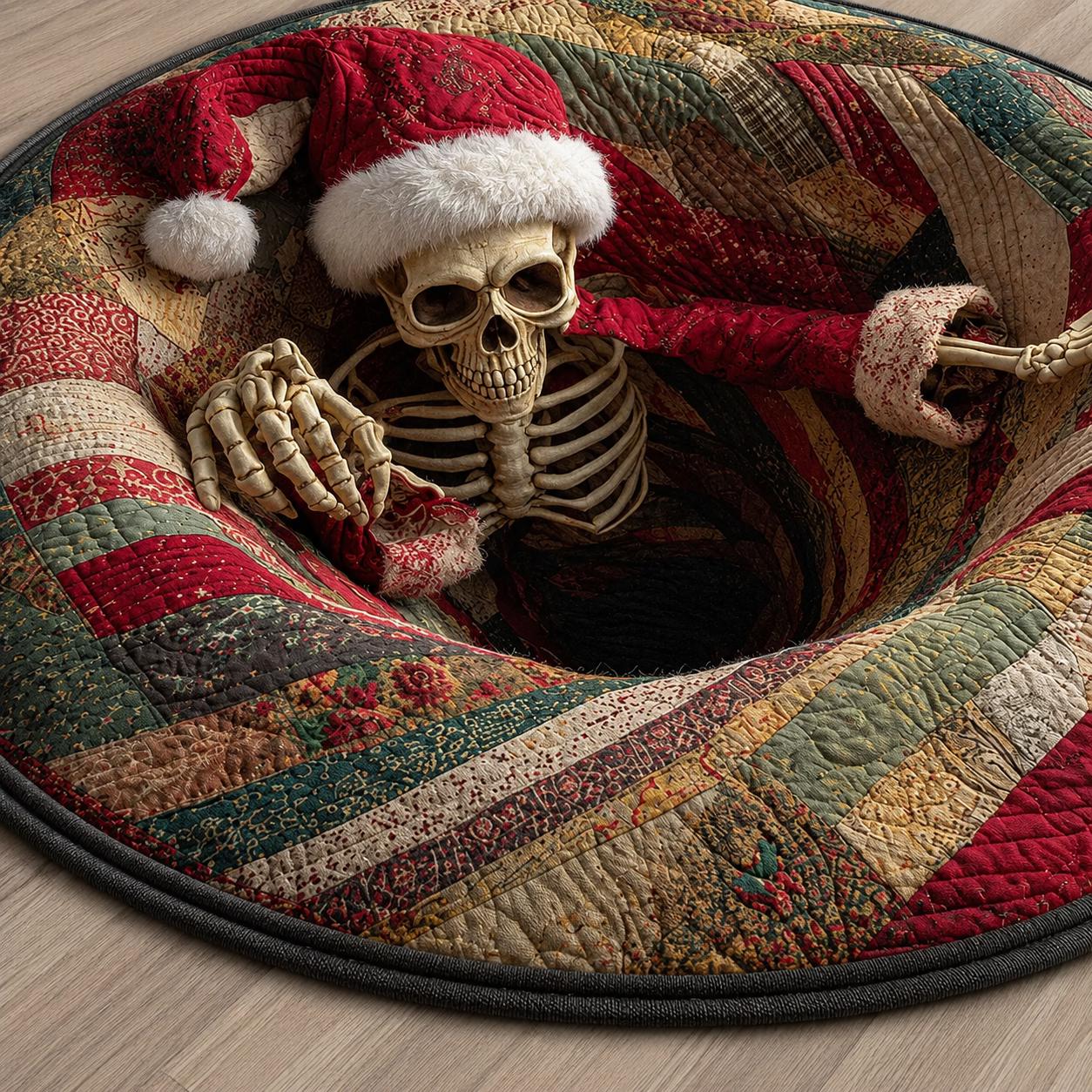 Christmas Skeleton Rug, Santa Skull 3D Illusion Round Mat, Creepy Gothic Holiday Decor, Spooky Xmas Gift