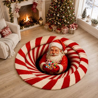 Santa Candy Cane 3D Illusion Rug, Christmas Round Area Carpet, Santa Claus Floor Mat, Peppermint Holiday Decor, Xmas Home Gift
