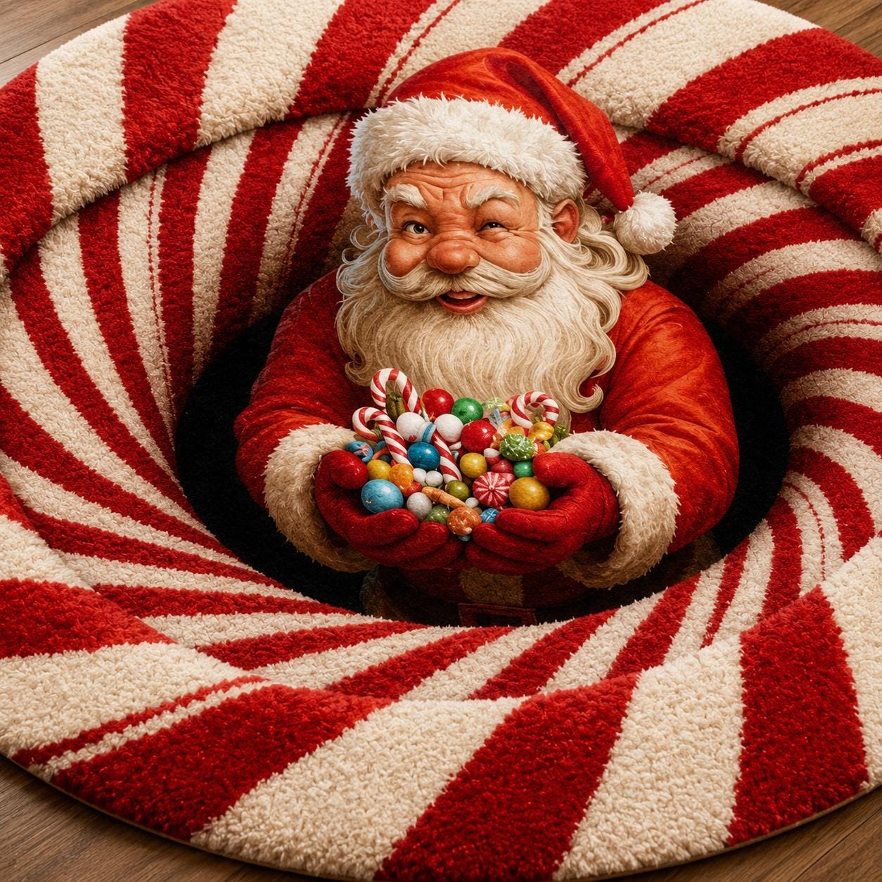 Santa Candy Cane 3D Illusion Rug, Christmas Round Area Carpet, Santa Claus Floor Mat, Peppermint Holiday Decor, Xmas Home Gift