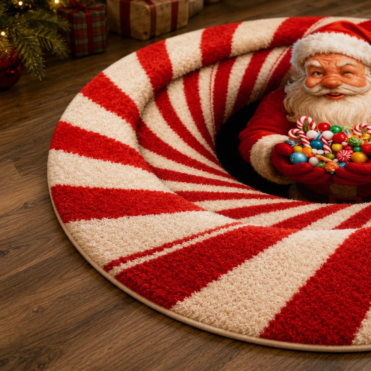 Santa Candy Cane 3D Illusion Rug, Christmas Round Area Carpet, Santa Claus Floor Mat, Peppermint Holiday Decor, Xmas Home Gift