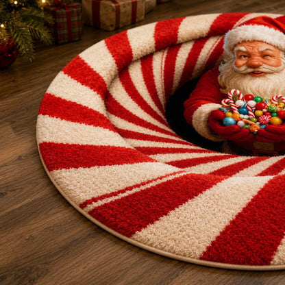 Santa Candy Cane 3D Illusion Rug, Christmas Round Area Carpet, Santa Claus Floor Mat, Peppermint Holiday Decor, Xmas Home Gift