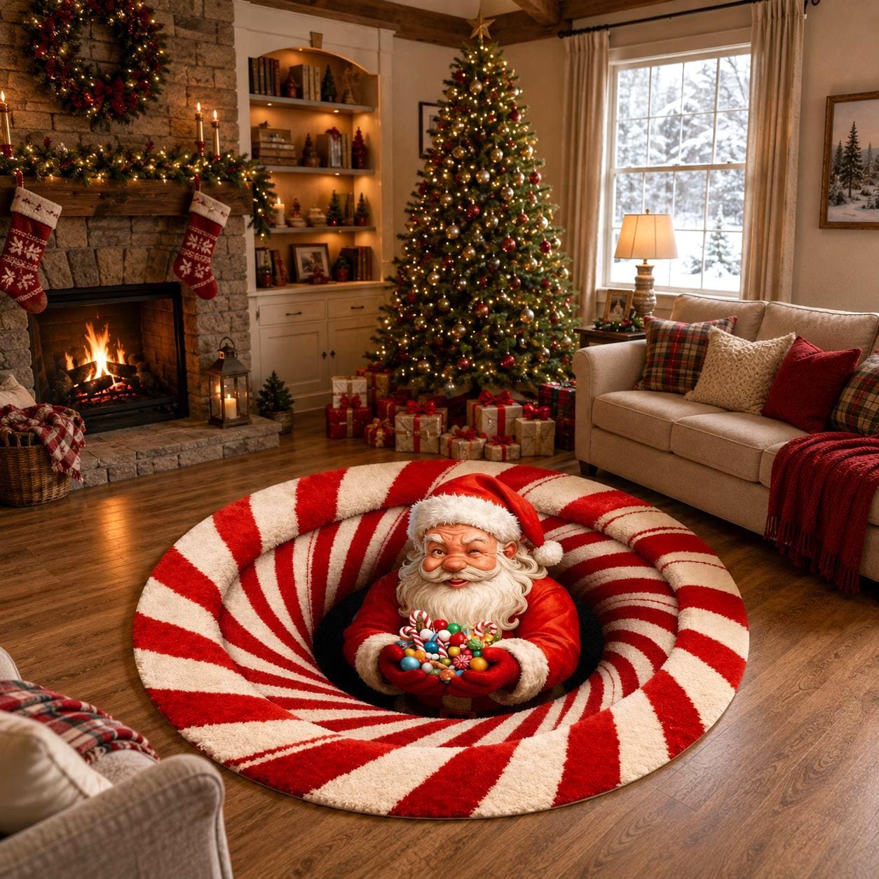 Santa Candy Cane 3D Illusion Rug, Christmas Round Area Carpet, Santa Claus Floor Mat, Peppermint Holiday Decor, Xmas Home Gift