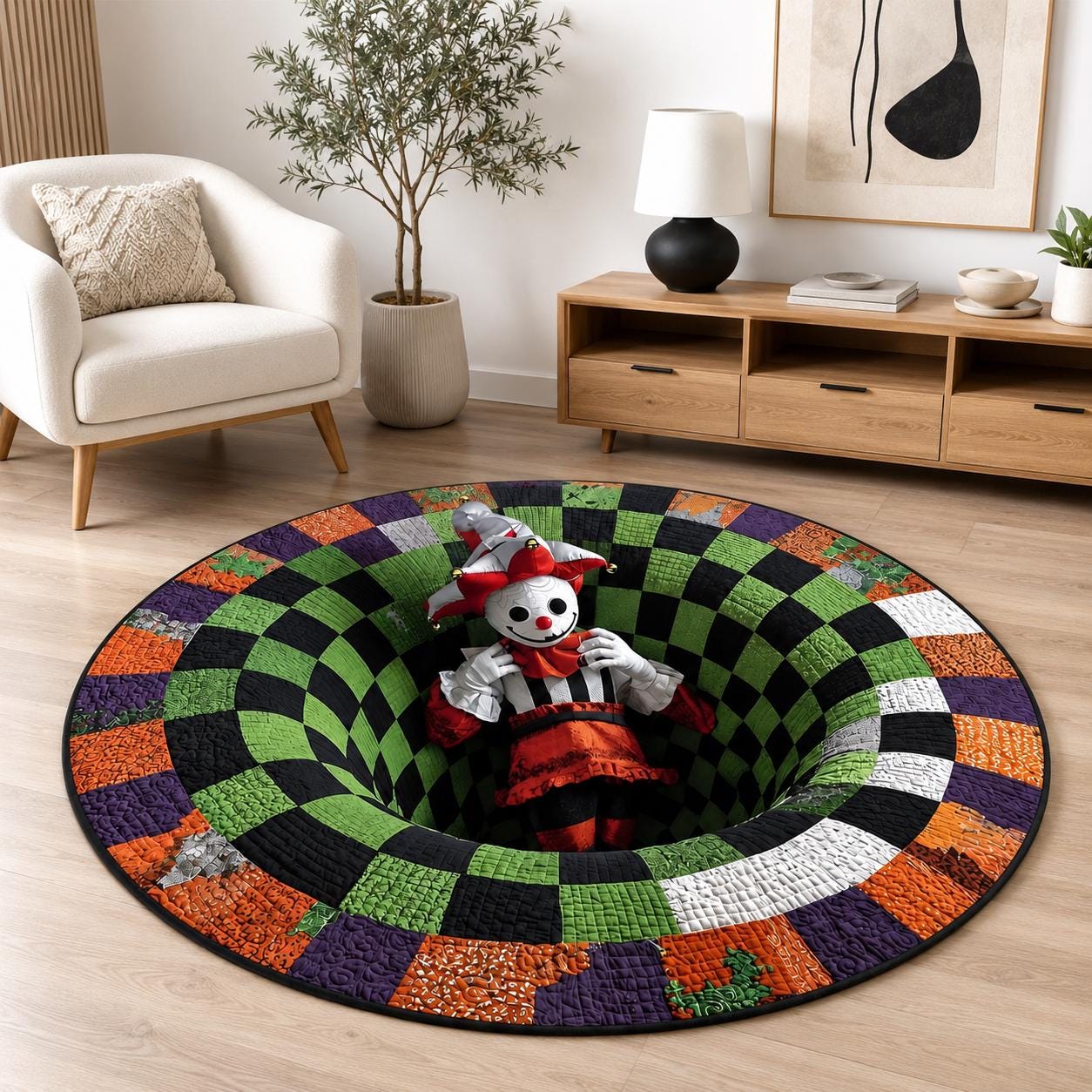 Creepy Jester 3D Illusion Rug, Halloween Clown Round Area Rug, Spooky Checkerboard Floor Mat, Gothic Horror Home Decor, Creepy Gift