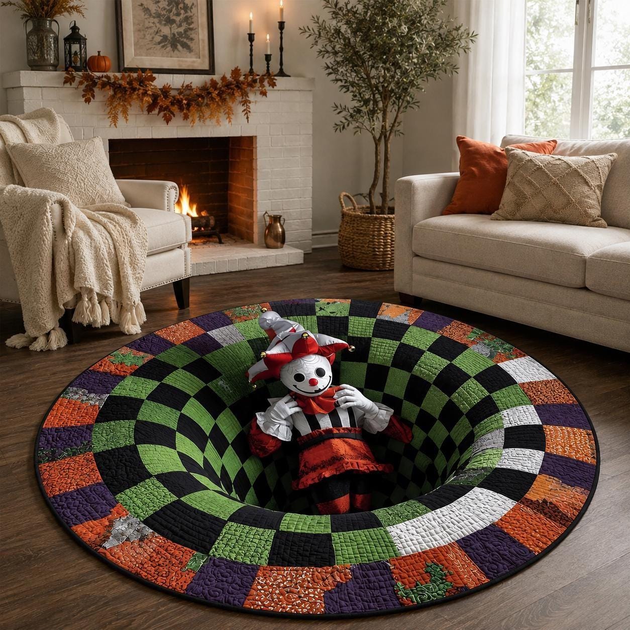 Creepy Jester 3D Illusion Rug, Halloween Clown Round Area Rug, Spooky Checkerboard Floor Mat, Gothic Horror Home Decor, Creepy Gift