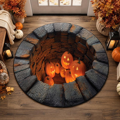 Halloween Pumpkin 3D Illusion Rug, Jack O Lantern Pit Round Rug, Spooky Well Floor Mat, Haunted House Decor