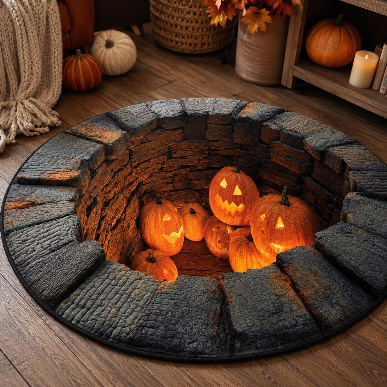 Halloween Pumpkin 3D Illusion Rug, Jack O Lantern Pit Round Rug, Spooky Well Floor Mat, Haunted House Decor