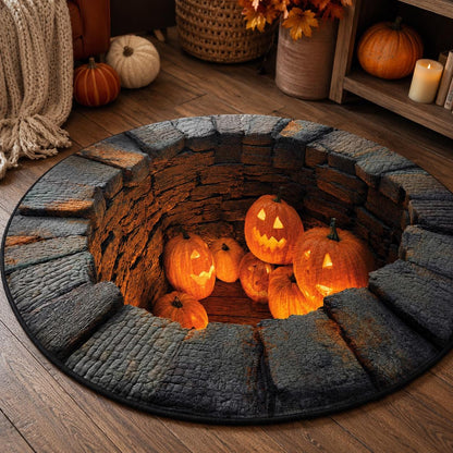 Halloween Pumpkin 3D Illusion Rug, Jack O Lantern Pit Round Rug, Spooky Well Floor Mat, Haunted House Decor