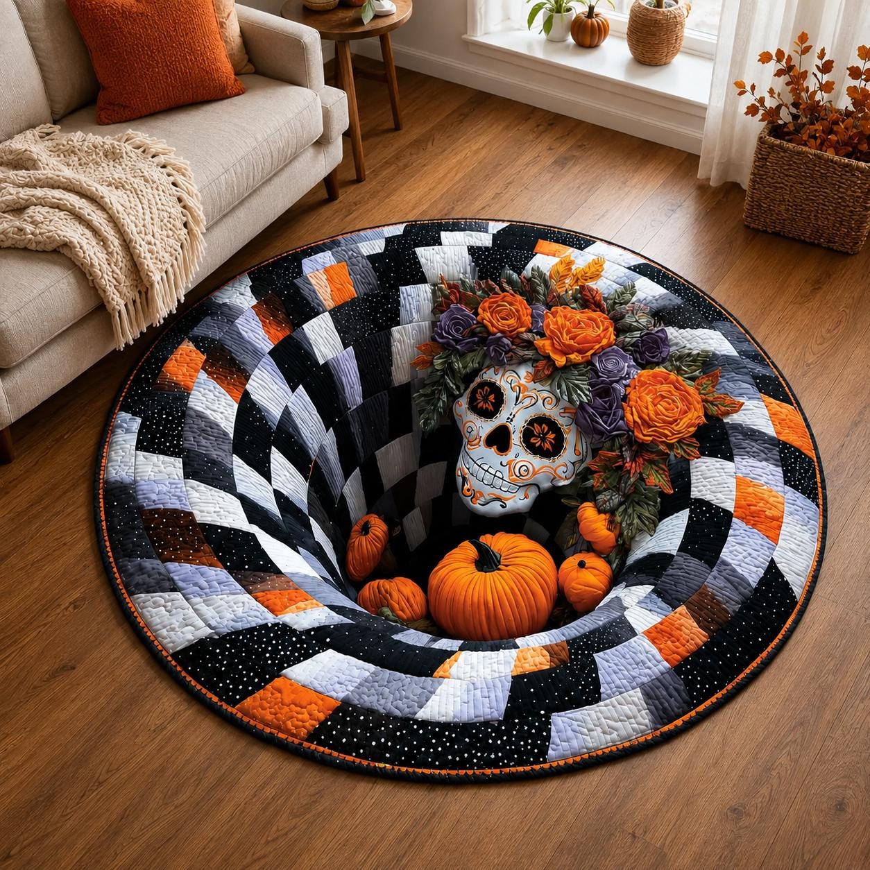 Sugar Skull 3D Illusion Rug, Halloween Floral Skull Round Rug, Pumpkin Checkerboard Area Rug, Spooky Gothic Home Decor, Optical Illusion Rug