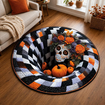 Sugar Skull 3D Illusion Rug, Halloween Floral Skull Round Rug, Pumpkin Checkerboard Area Rug, Spooky Gothic Home Decor, Optical Illusion Rug