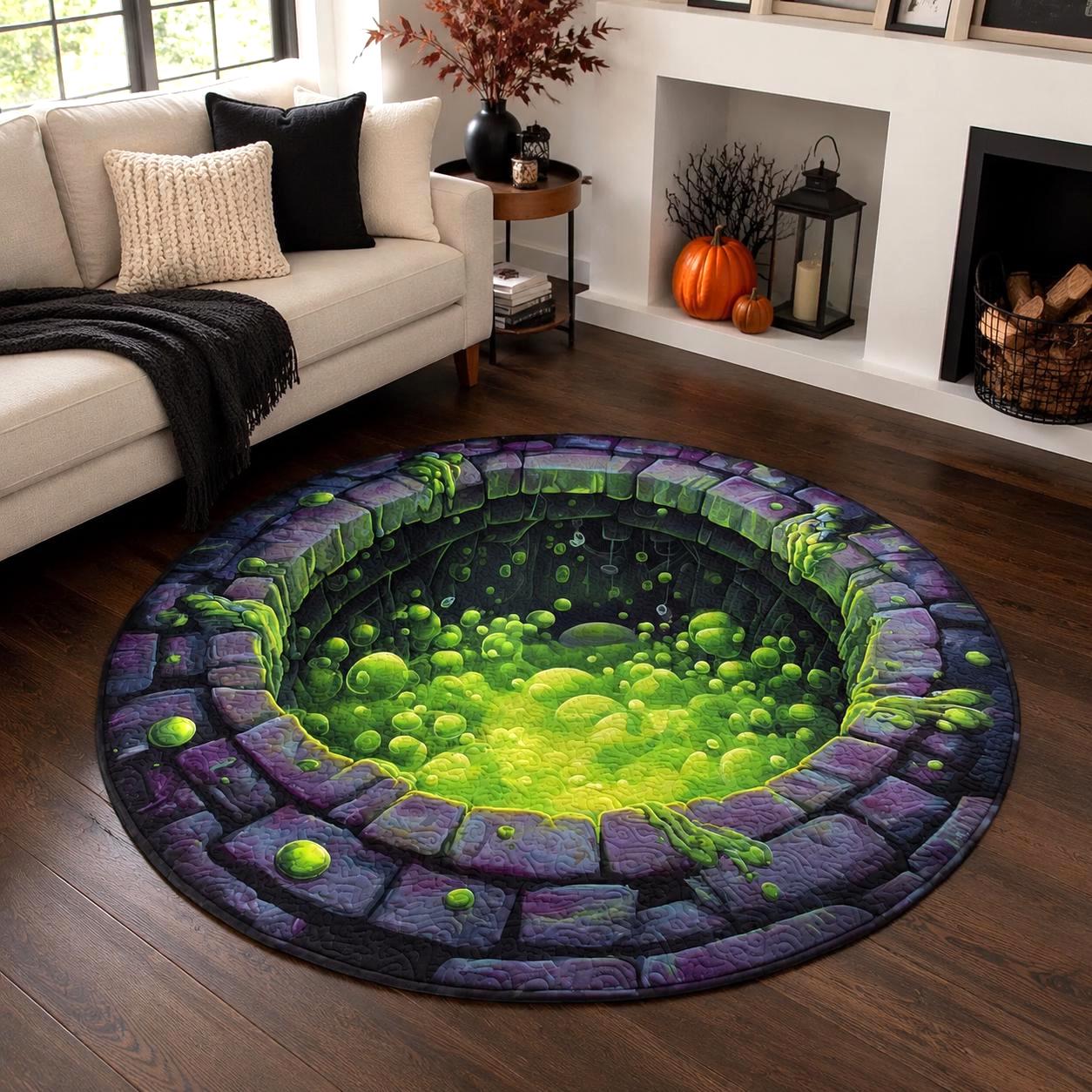 Halloween Slime Pit 3D Illusion Rug, Toxic Green Ooze Round Area Rug, Creepy Dungeon Floor Mat, Spooky Gothic Home Decor