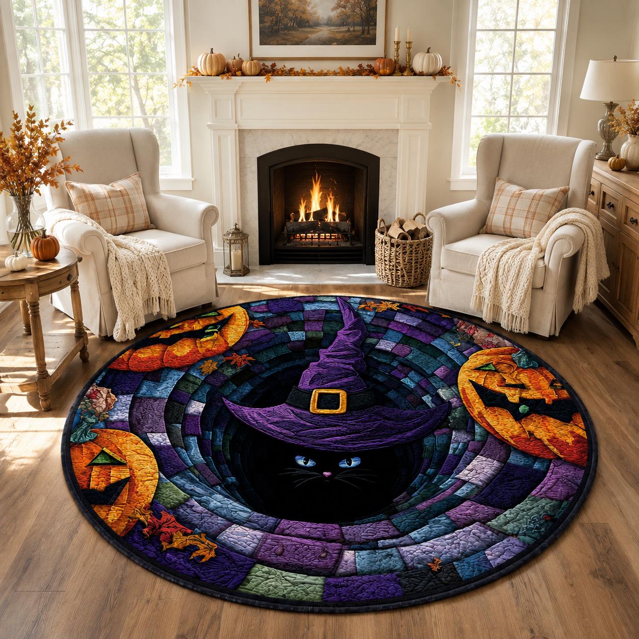 Black Cat Witch Halloween Round Rug, Spooky Gothic Home Decor, Optical Illusion Mat