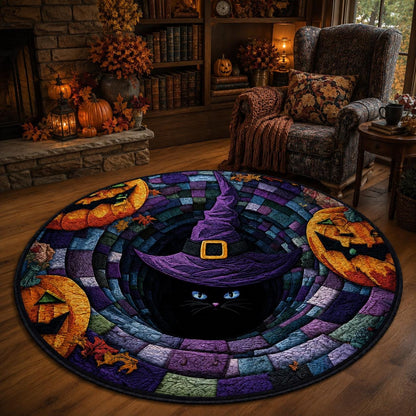 Black Cat Witch Halloween Round Rug, Spooky Gothic Home Decor, Optical Illusion Mat