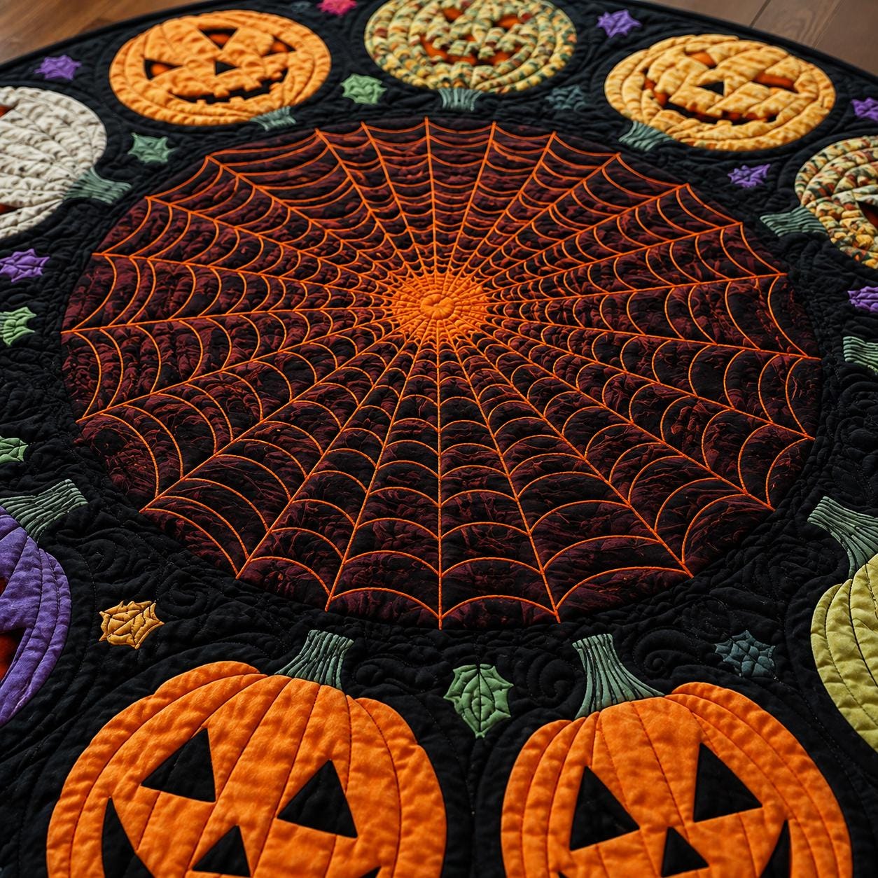 Halloween Pumpkin Round Rug, Jack O Lantern Spider Web Area Rug, Spooky Fall Floor Mat, Gothic Halloween Decor, Pumpkin Optical Illusion Rug