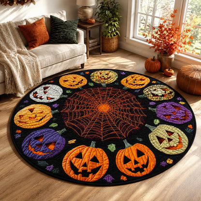 Halloween Pumpkin Round Rug, Jack O Lantern Spider Web Area Rug, Spooky Fall Floor Mat, Gothic Halloween Decor, Pumpkin Optical Illusion Rug