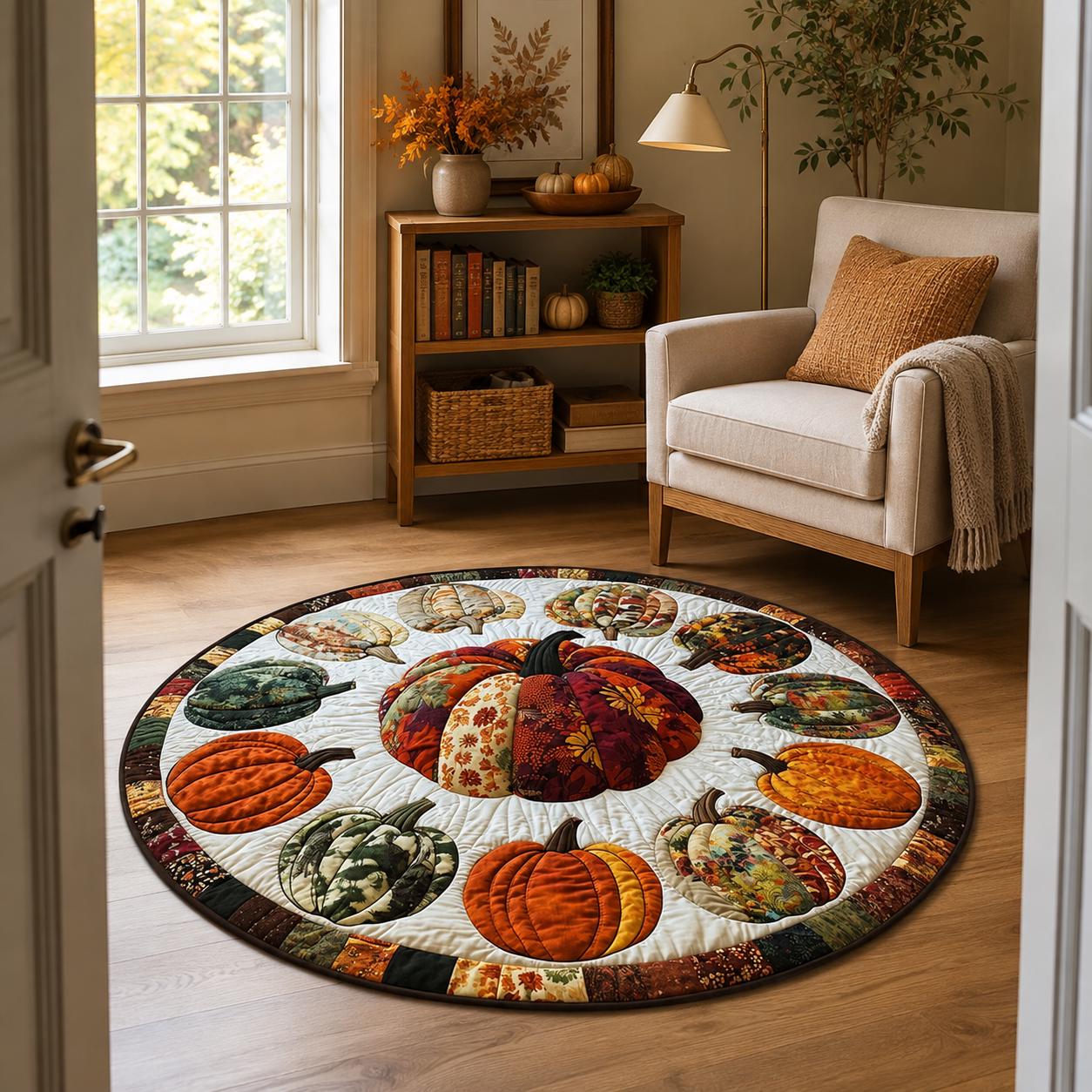 Fall Pumpkin Round Rug, Autumn Patchwork Area Rug, Thanksgiving Harvest Floor Mat, Rustic Farmhouse Pumpkin Decor, Quilted Style Rug