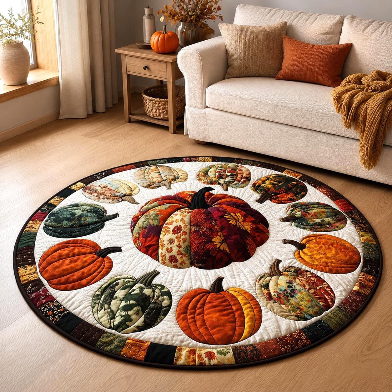 Fall Pumpkin Round Rug, Autumn Patchwork Area Rug, Thanksgiving Harvest Floor Mat, Rustic Farmhouse Pumpkin Decor, Quilted Style Rug