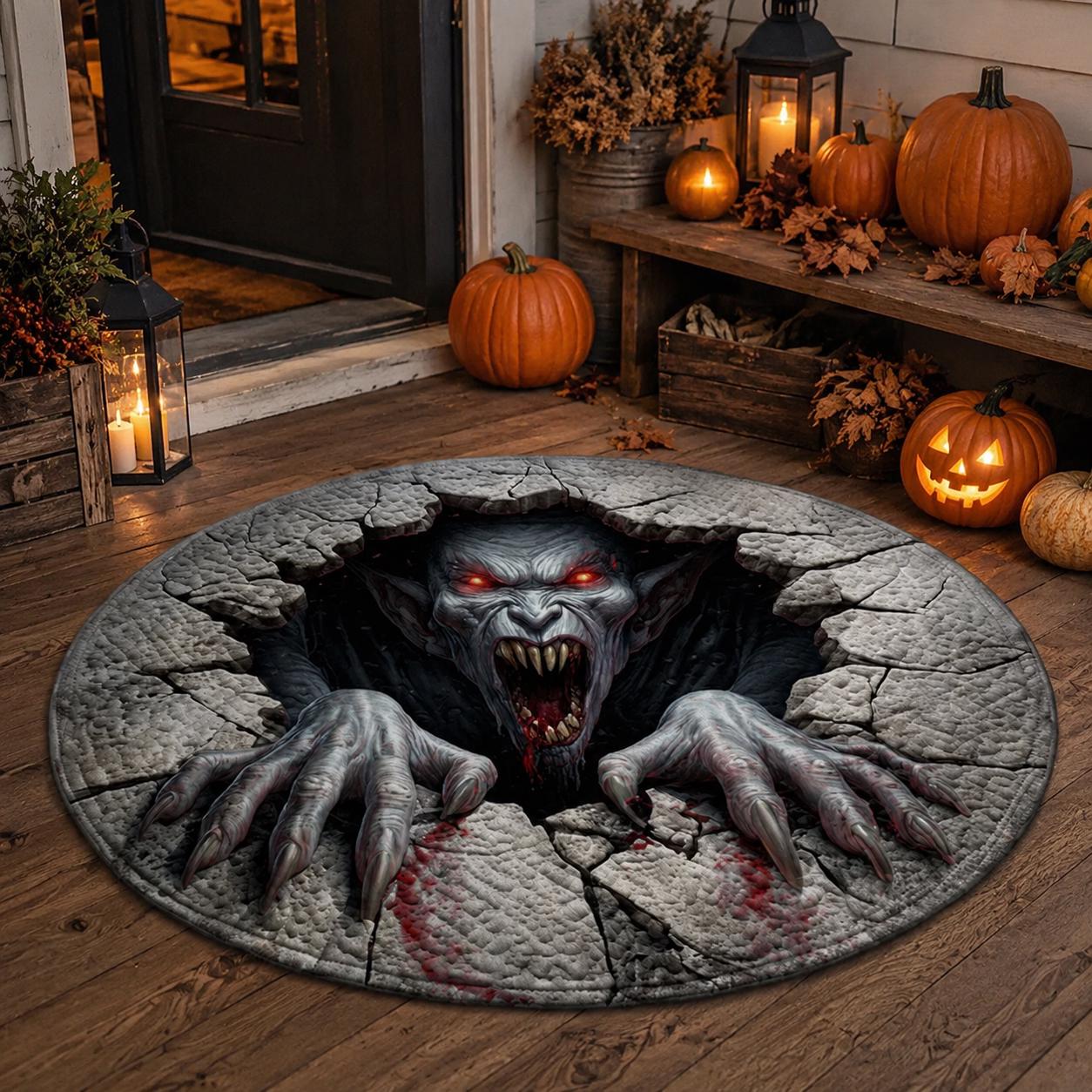Vampire 3D Illusion Rug, Halloween Monster Round Rug, Creepy Demon Floor Mat, Horror Gothic Area Carpet, Haunted House Decor