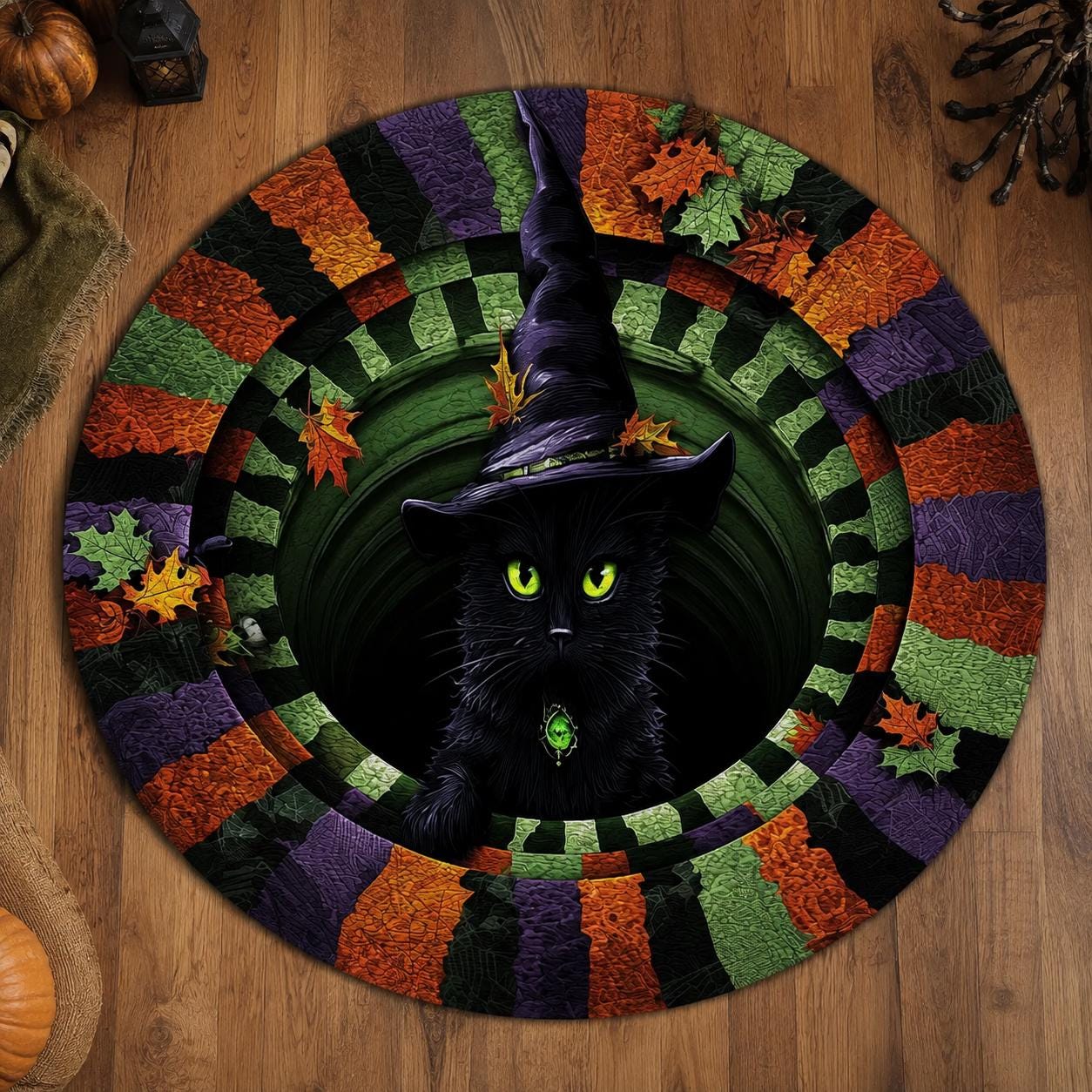 Black Cat Witch 3D Illusion Rug, Halloween Round Area Rug, Witch Hat Cat Floor Mat, Spooky Gothic Home Decor, Pumpkin Season Rug