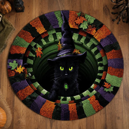 Black Cat Witch 3D Illusion Rug, Halloween Round Area Rug, Witch Hat Cat Floor Mat, Spooky Gothic Home Decor, Pumpkin Season Rug